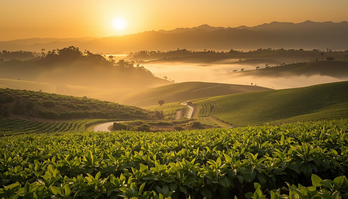 Lush green tea plantation fields in Sri Lanka